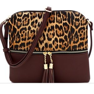 Leopard Print Tassel Front Pocket Cross Body Bag